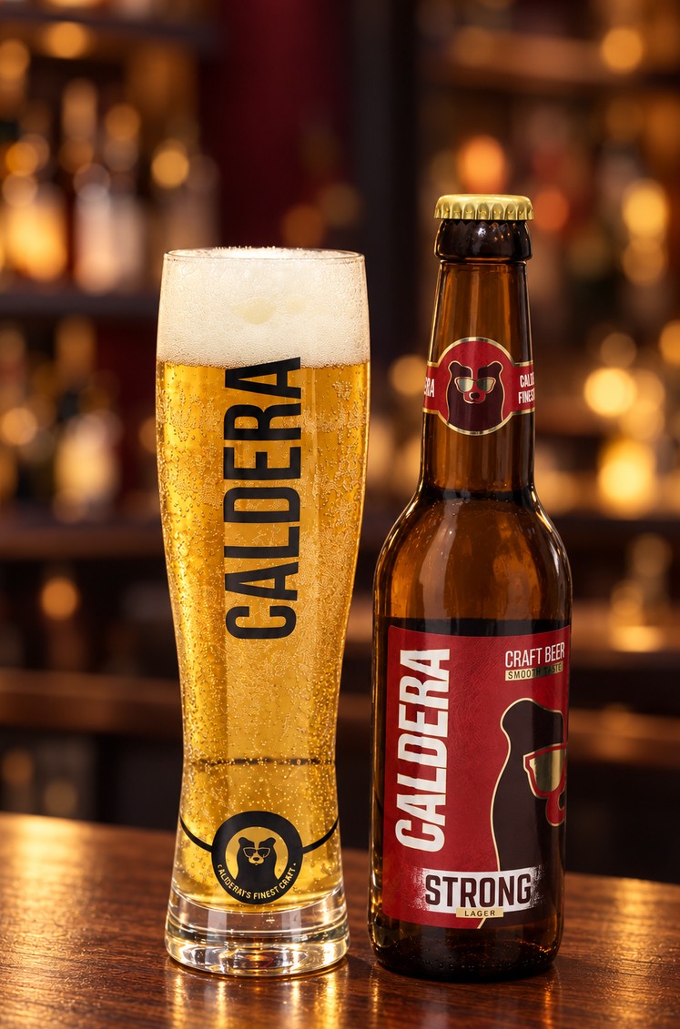 Caldera STRONG bottle and glass